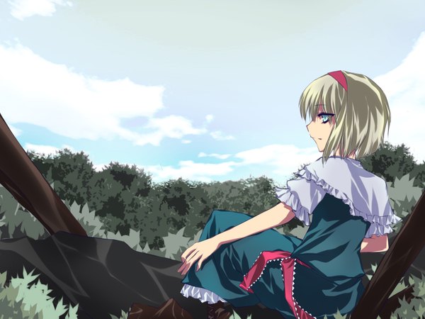 Anime picture 1600x1200 with touhou alice margatroid ekimmu single short hair blue eyes blonde hair looking away sky cloud (clouds) profile girl headband