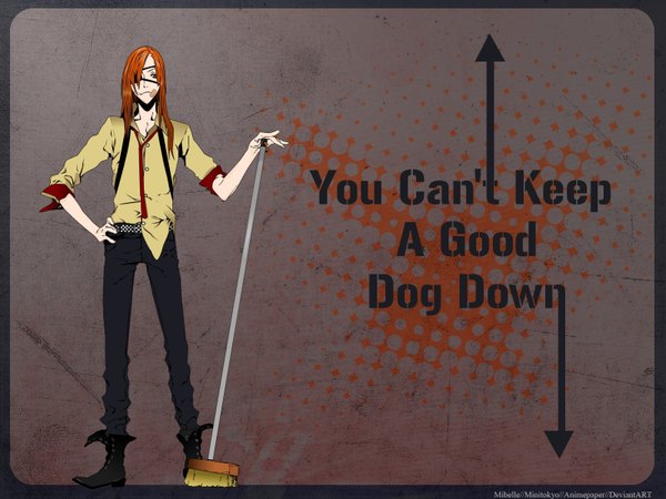 Anime picture 1600x1200 with dogs: bullets & carnage david production badou nails miwa shirow single long hair standing green eyes looking away full body orange hair wallpaper hand on hip text open collar english framed twisty sleeves boy boots
