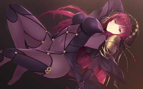 Anime picture 1920x1200 with fate (series) fate/grand order scathach (fate) (all) scathach (fate) cait single long hair looking at viewer fringe highres breasts light erotic simple background hair between eyes red eyes purple hair parted lips no shoes gradient background covered navel