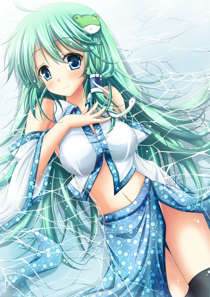 Anime picture 707x1000 with touhou kochiya sanae shirakawako single long hair tall image blush blue eyes smile lying green hair girl thighhighs skirt black thighhighs detached sleeves hair tubes snake