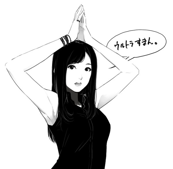 Anime picture 1280x1256 with original poaro single long hair looking at viewer fringe open mouth simple background inscription arms up armpit (armpits) sleeveless hieroglyph monochrome open collar arched back hands clasped girl bracelet ring