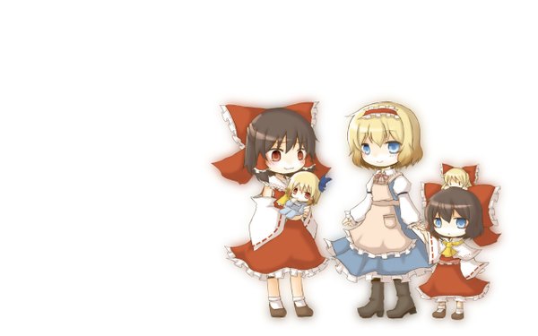 Anime picture 1280x800 with touhou hakurei reimu alice margatroid ico (artist) blush short hair blue eyes simple background blonde hair red eyes brown hair wide image white background japanese clothes holding hands miko chibi :3 multiple persona girl