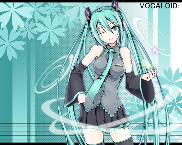 Anime picture 1600x1280 with vocaloid hatsune miku satofuji masato single long hair twintails one eye closed aqua eyes wink aqua hair hand on hip girl thighhighs detached sleeves necktie