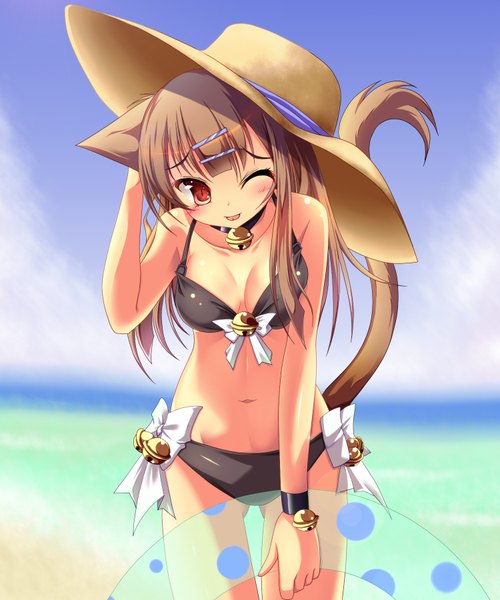 Anime picture 1500x1800 with original rankiryuu single long hair tall image looking at viewer blush fringe breasts light erotic red eyes brown hair large breasts standing bare shoulders holding animal ears sky cleavage cloud (clouds)