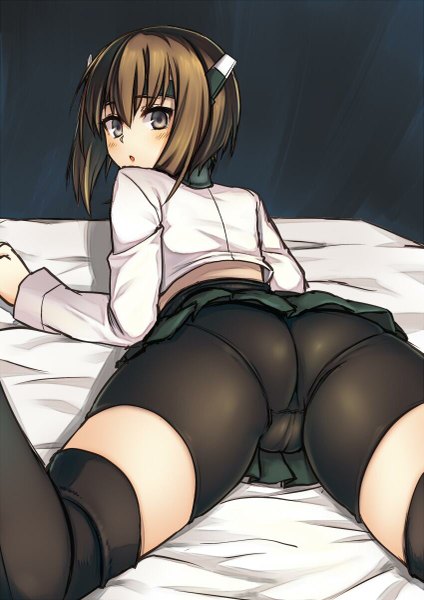 Anime picture 849x1200 with kantai collection taihou armored aircraft carrier kou (garakuta teikoku) single tall image looking at viewer blush short hair open mouth light erotic brown hair looking back from behind grey eyes turning head cameltoe on stomach girl underwear panties
