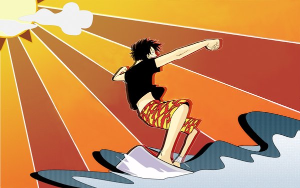 Anime picture 1920x1200 with one piece toei animation monkey d. luffy single highres short hair open mouth black hair smile wide image standing full body profile barefoot black eyes short sleeves outstretched arm surfing boy shorts