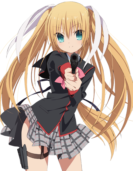 Anime picture 1654x2125 with little busters! key (studio) tokido saya tagme (artist) -mg- single long hair tall image looking at viewer blush blonde hair smile twintails holding pleated skirt aqua eyes plaid skirt transparent background rendered girl