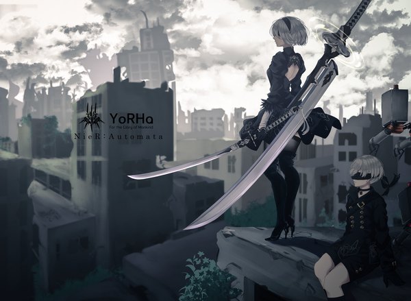 Anime picture 4784x3508 with nier nier:automata yorha no. 2 type b pod (nier:automata) yorha no. 9 type s saitou (lynx-shrike) highres short hair standing sitting holding looking away absurdres sky cloud (clouds) white hair parted lips shadow high heels puffy sleeves
