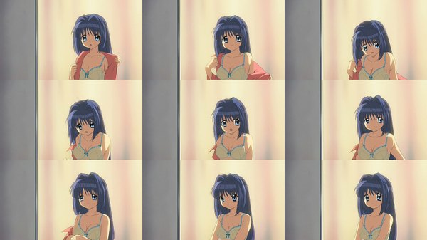 Anime picture 1584x891 with kanon key (studio) minase nayuki light erotic wide image undressing girl lingerie bra cap yellow bra