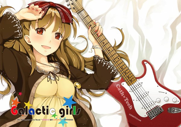 Anime picture 1032x729 with original pyz (cath x tech) single long hair looking at viewer blush open mouth smile red eyes brown hair girl guitar