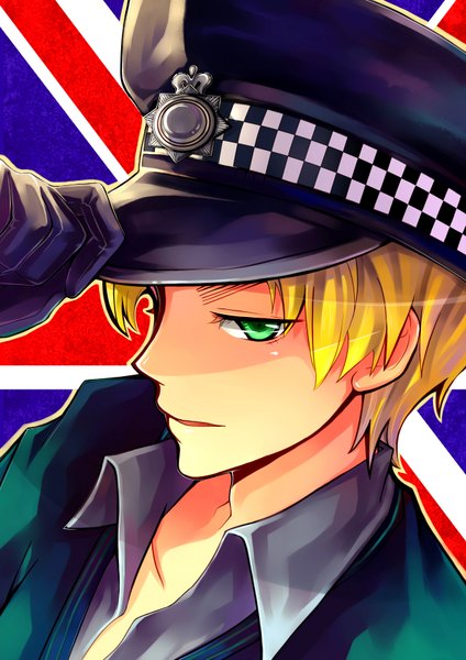 Anime picture 2480x3507 with axis powers hetalia studio deen united kingdom (hetalia) single tall image highres short hair blonde hair green eyes boy gloves uniform choker peaked cap flag british flag