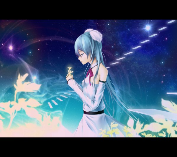 Anime picture 2000x1778 with vocaloid hatsune miku oki (koi0koi) single long hair highres twintails bare shoulders profile aqua eyes aqua hair looking down letterboxed sad girl dress hair ornament flower (flowers) star (stars)