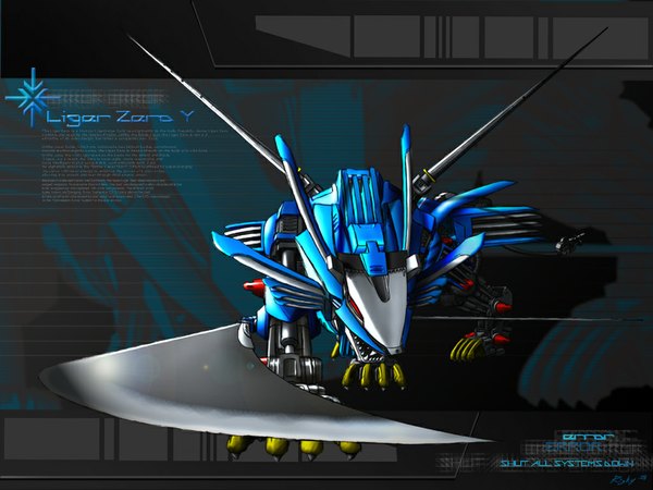 Anime picture 1024x768 with zoids liger zero open mouth teeth fang (fangs) character names claws robot blade