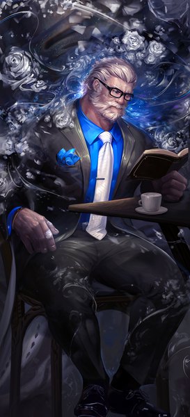 Anime picture 1000x2193 with overwatch blizzard entertainment reinhardt (overwatch) luer qing single tall image short hair blue eyes sitting grey hair reading old man boy flower (flowers) glasses necktie rose (roses) book (books) chair suit