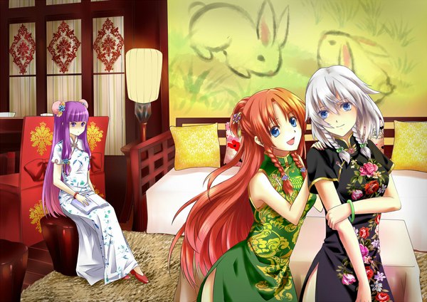 Anime picture 1000x708 with touhou izayoi sakuya patchouli knowledge hong meiling moyu long hair short hair open mouth blue eyes purple eyes multiple girls silver hair purple hair red hair braid (braids) twin braids chinese clothes girl bracelet book (books)