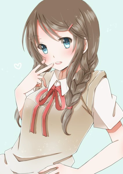 Anime picture 1240x1754 with original hiro (hirohiro31) single long hair tall image looking at viewer blush open mouth blue eyes simple background brown hair braid (braids) hand on hip twin braids girl hair ornament shirt heart bobby pin sweater vest