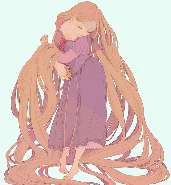 Anime picture 1500x1620 with tangled rapunzel matatabi single tall image simple background blonde hair eyes closed very long hair barefoot light smile striped lacing girl dress purple dress