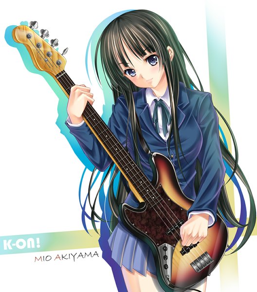 Anime picture 968x1100 with k-on! kyoto animation akiyama mio makirin single long hair tall image blush blue eyes black hair girl skirt uniform school uniform guitar electric guitar