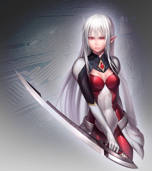 Anime picture 1339x1500 with luen kulo single long hair tall image breasts red eyes cleavage white hair lips pointy ears girl weapon sword bodysuit