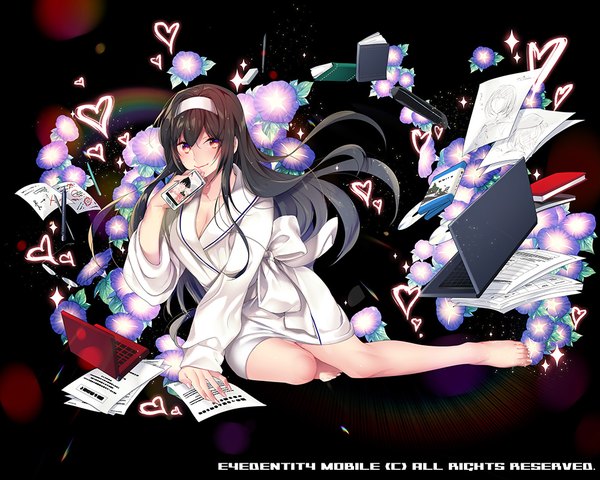 Anime picture 1000x800 with saenai heroine no sodatekata a-1 pictures kasumigaoka utaha mirunai single long hair looking at viewer blush black hair red eyes traditional clothes japanese clothes dark background girl flower (flowers) hairband kimono mobile phone paper laptop