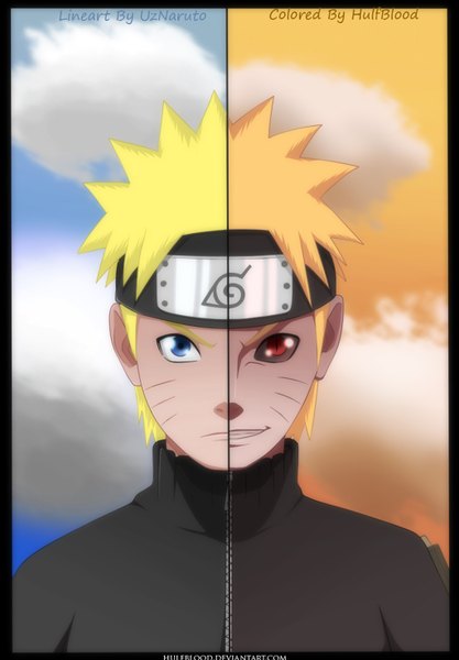 Anime picture 1024x1472 with naruto studio pierrot naruto (series) uzumaki naruto hulfblood single tall image short hair blue eyes blonde hair smile red eyes sky cloud (clouds) heterochromia coloring facial mark portrait face whisker markings