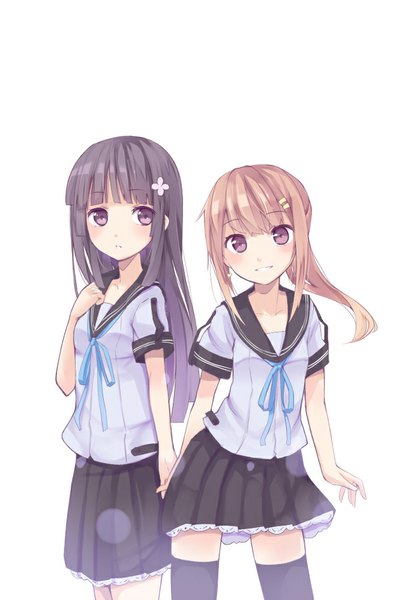 Anime picture 700x1000 with original kyuri long hair tall image looking at viewer blush black hair blonde hair simple background smile standing white background purple eyes multiple girls looking away pleated skirt hair flower lens flare holding hands girl