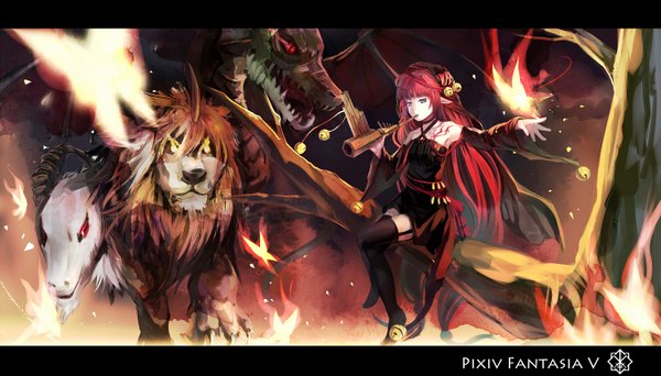 Anime picture 1500x857 with original pixiv fantasia pixiv fantasia v rifsom long hair wide image red hair pointy ears glowing letterboxed glowing eye (eyes) girl plant (plants) animal tree (trees) insect butterfly branch fire musical instrument