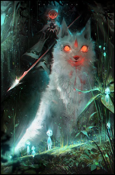 Anime picture 700x1057 with mononoke hime studio ghibli san moro no kimi kodama (mononoke hime) rossdraws (ross tran) tall image looking at viewer red eyes signed glowing glowing eye (eyes) blood stains girl weapon plant (plants) animal tree (trees) blood cape