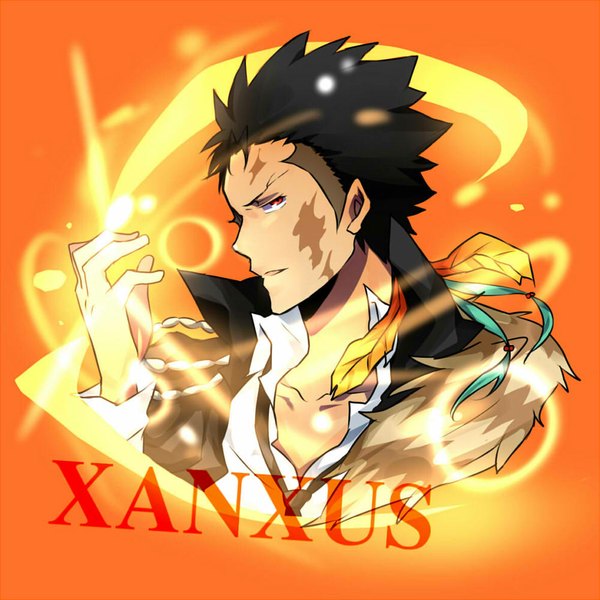 Anime picture 1000x1000 with katekyou hitman reborn xanxus matsurinnu single looking at viewer short hair open mouth black hair simple background red eyes profile inscription orange background boy shirt white shirt feather (feathers)