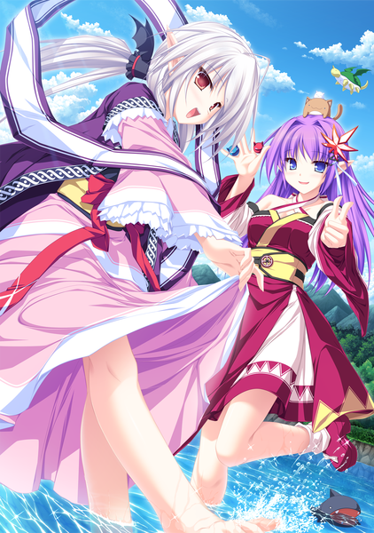 Anime picture 1280x1820 with maikaze no melt suzu (suzukaze no melt) kureha (maikaze no melt) tenmaso long hair tall image open mouth blue eyes red eyes multiple girls game cg purple hair white hair pointy ears girl 2 girls