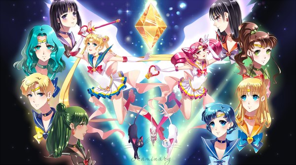 Anime picture 1600x891 with bishoujo senshi sailor moon toei animation tsukino usagi sailor moon aino minako kino makoto sailor venus sailor mars sailor mercury sailor jupiter sailor saturn sailor chibi moon meiou setsuna sailor neptune sailor uranus luna (sailor moon) sailor pluto artemis (sailor moon) diana kaminary