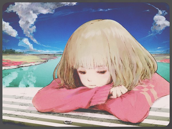Anime picture 1000x750 with original soe single fringe short hair blonde hair sky cloud (clouds) black eyes striped reclining girl sweater ring