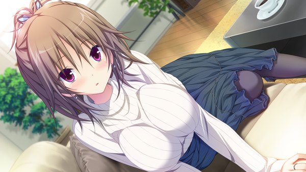 Anime picture 1280x720 with hapymaher purple software toriumi yuuko koku single looking at viewer blush short hair breasts brown hair wide image large breasts purple eyes game cg girl skirt sweater