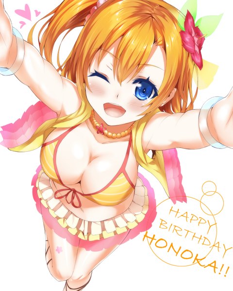 Anime picture 1240x1550 with love live! school idol project sunrise (studio) love live! kousaka honoka heirou single long hair tall image looking at viewer blush breasts open mouth blue eyes light erotic simple background white background cleavage one eye closed hair flower from above