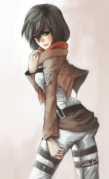 Anime picture 2148x3529 with shingeki no kyojin production i.g mikasa ackerman i-chou single tall image looking at viewer highres short hair black hair ass looking back lips black eyes open clothes open jacket gradient background adjusting clothes girl uniform