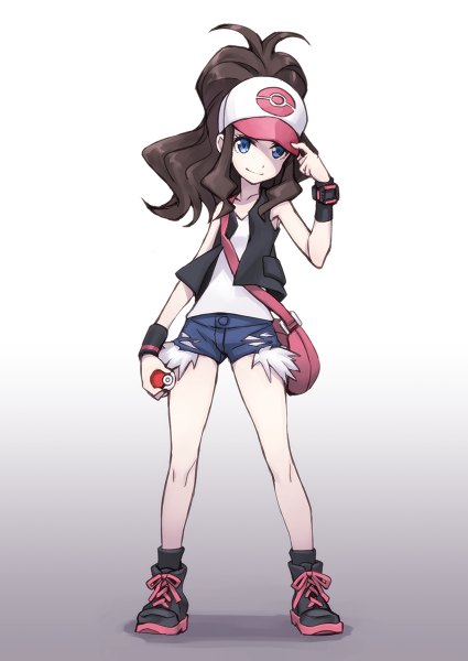 Anime picture 850x1200 with pokemon pokemon black and white nintendo hilda (pokemon) matsuryuu single long hair tall image looking at viewer blue eyes simple background brown hair holding gradient background girl shoes shorts vest sneakers wristlet