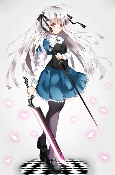 Anime picture 670x1020 with absolute duo 8bit yurie sigtuna hdki single long hair tall image fringe red eyes standing holding looking away ahoge blunt bangs grey hair floor dual wielding checkered glowing weapon girl