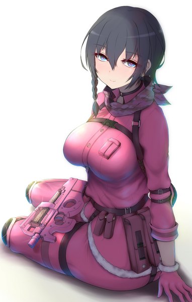 Anime picture 700x1100 with sword art online sword art online alternative: gun gale online a-1 pictures llenn (sao) kohiruimaki karen nikuku (kazedesune) single tall image looking at viewer blush fringe short hair breasts blue eyes black hair simple background smile hair between eyes white background sitting