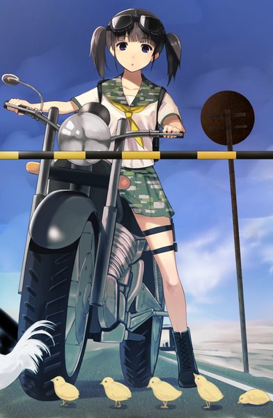 Anime picture 653x1000 with original hareno chiame (artist) single tall image short hair blue eyes black hair twintails :o looking down short twintails goggles on head girl skirt miniskirt animal serafuku boots bird (birds) ground vehicle