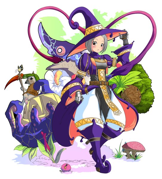 Anime picture 1500x1655 with monster hunter midzuha (armor) nikupizzau single tall image blush short hair brown eyes grey hair girl gloves boots insect butterfly cat witch hat mushroom (mushrooms)