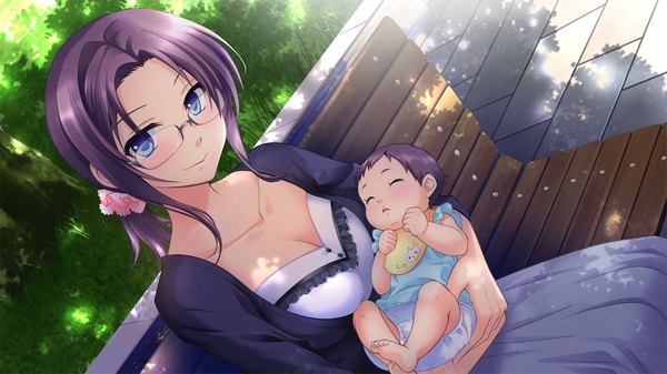 Anime picture 1280x720 with astraythem ginta blush short hair blue eyes wide image game cg purple hair girl dress glasses child (children)
