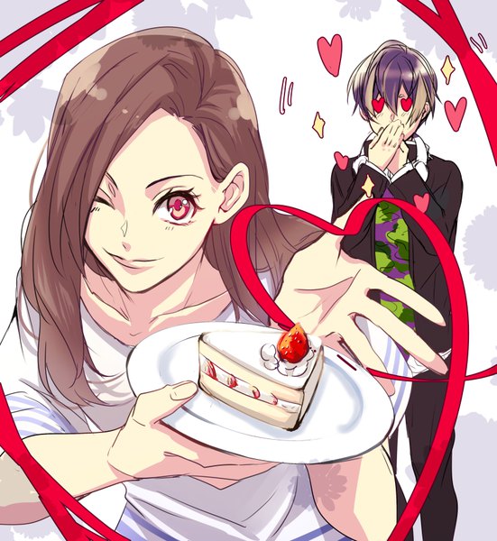 Anime picture 800x871 with a3! tachibana izumi (a3!) usui masumi murasakino long hair tall image looking at viewer fringe short hair smile hair between eyes red eyes brown hair purple hair one eye closed multicolored hair wink two-tone hair heart of string girl