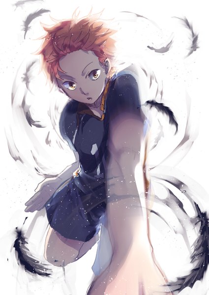 Anime picture 1003x1417 with haikyuu!! production i.g hinata shouyou hrxxx (roko) single tall image short hair open mouth simple background white background brown eyes looking away orange hair jumping volleyball boy uniform feather (feathers) gym uniform