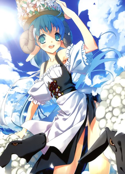 Anime picture 2425x3350 with kagome (traumatize) single long hair tall image blush highres open mouth blue eyes blue hair sky cloud (clouds) horn (horns) pantyshot girl dress sheep