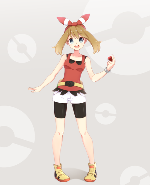 Anime picture 830x1024 with pokemon pokemon (game) pokemon oras nintendo may (pokemon) 40cabbage single tall image looking at viewer short hair open mouth blue eyes brown hair bare shoulders grey background girl shorts hairband white shorts leggings