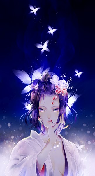 Anime picture 744x1367 with original sanrindou single long hair tall image looking at viewer light erotic purple eyes purple hair nail polish hair flower finger to mouth girl hair ornament flower (flowers) choker insect butterfly open kimono