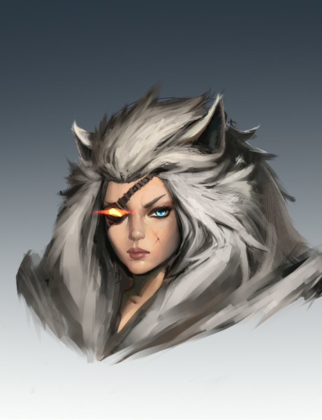 Anime picture 1000x1300 with league of legends rengar (league of legends) chrbr single long hair tall image looking at viewer highres blue eyes white background animal ears white hair lips grey background gradient background glowing scar face glowing eye (eyes) makeup