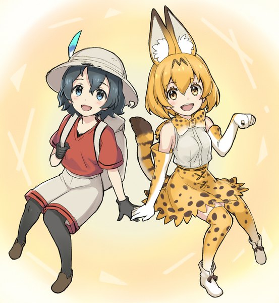 Anime picture 923x1000 with kemono friends serval (kemono friends) kaban (kemono friends) ame8desu tall image looking at viewer fringe short hair open mouth blue eyes black hair blonde hair hair between eyes sitting multiple girls animal ears yellow eyes full body tail animal tail