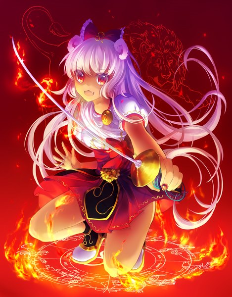 Anime picture 2480x3169 with original kirame kirai (artist) single long hair tall image highres open mouth smile animal ears yellow eyes purple hair white hair multicolored hair magic gradient hair red background girl dress bow weapon