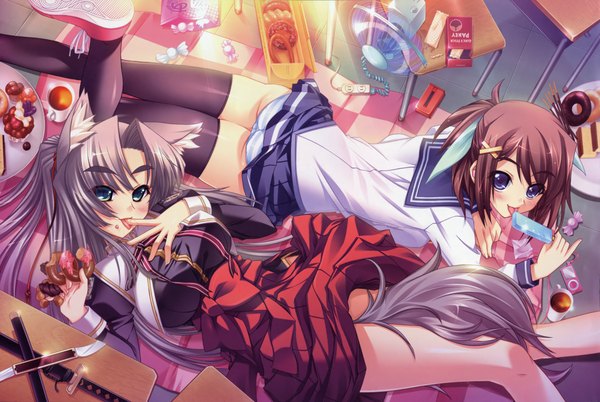 Anime picture 4582x3075 with long hair highres short hair blue eyes light erotic brown hair purple eyes animal ears tail cat girl girl thighhighs underwear panties serafuku food fan striped panties popsicle